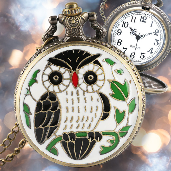 Pocket Watch Accessories - Owl Watch Pendant NEW White Enamel Metal Pocket Watch Necklace